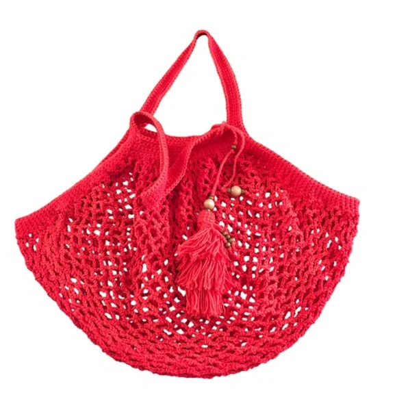 French Inspired Crochet Fishnet Market Bag Red Rouge Tote Shoulder Bag w/Tassel - Picture 9 of 16